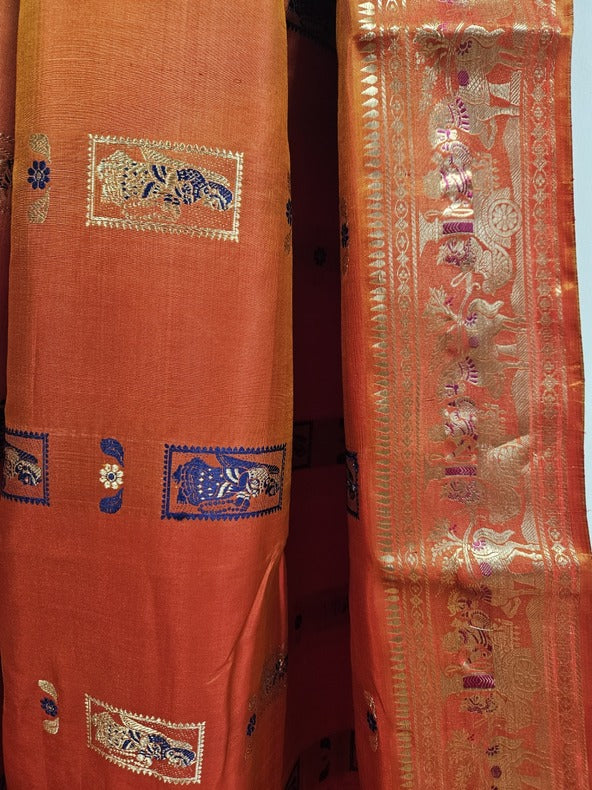 Brick Red  Handloom Pure Katan Silk Baluchuri Saree Balaram Saha