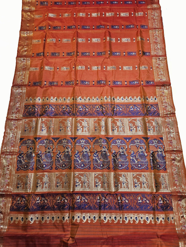 Brick Red  Handloom Pure Katan Silk Baluchuri Saree Balaram Saha