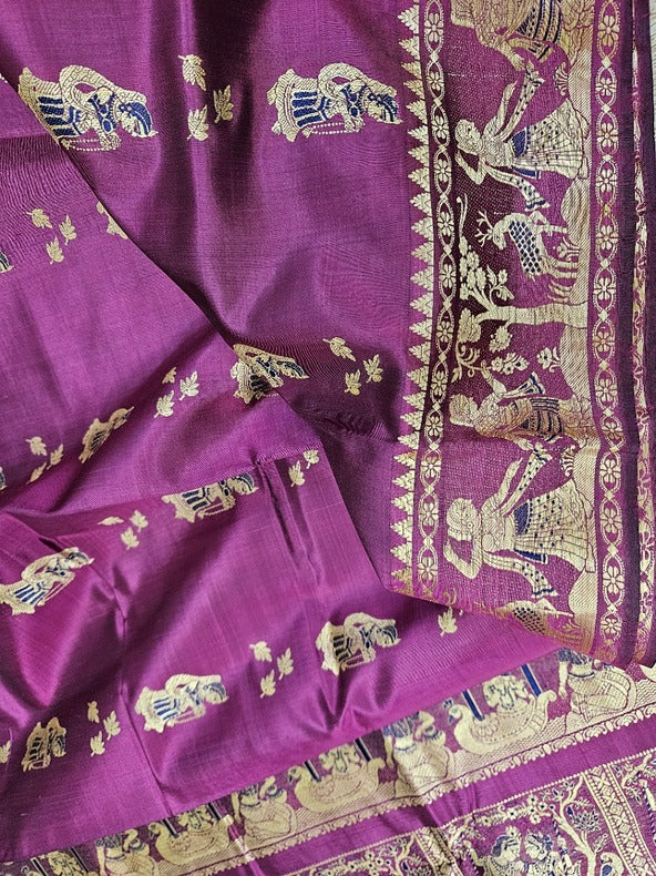 Magenta & Beige Handloom Pure Katan Silk Baluchuri Saree Balaram Saha