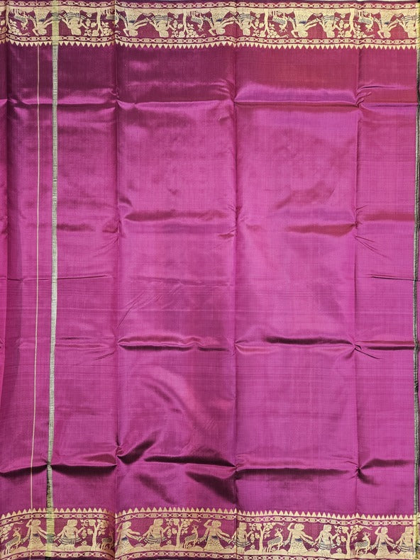 Magenta & Beige Handloom Pure Katan Silk Baluchuri Saree Balaram Saha