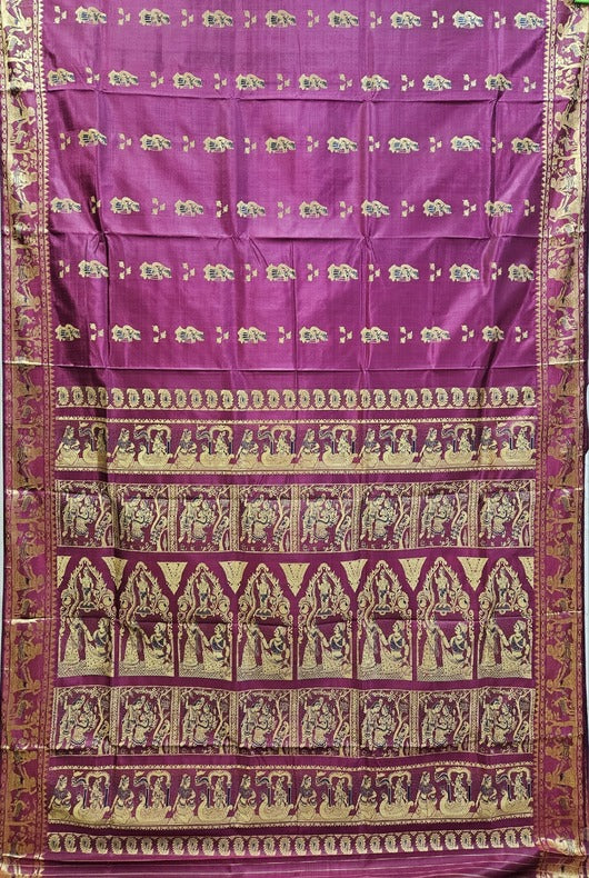 Magenta & Beige Handloom Pure Katan Silk Baluchuri Saree Balaram Saha