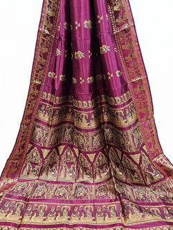 Magenta & Beige Handloom Pure Katan Silk Baluchuri Saree Balaram Saha