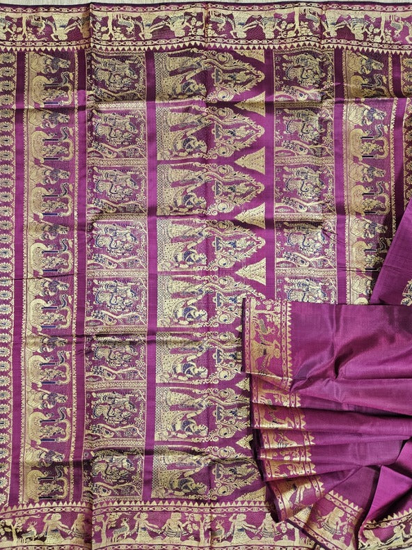 Magenta & Beige Handloom Pure Katan Silk Baluchuri Saree Balaram Saha