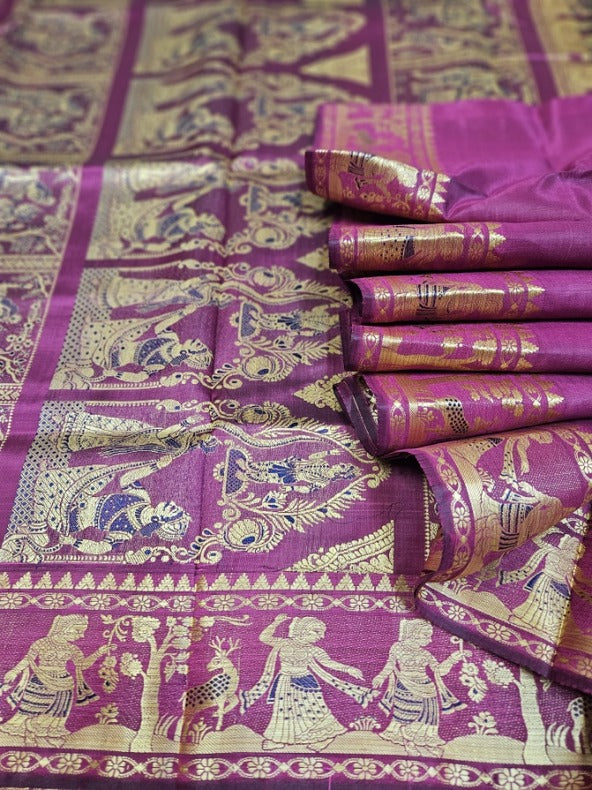 Magenta & Beige Handloom Pure Katan Silk Baluchuri Saree Balaram Saha