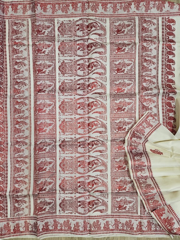 Beige & Red Handloom Pure Katan Silk Baluchuri Saree Balaram Saha