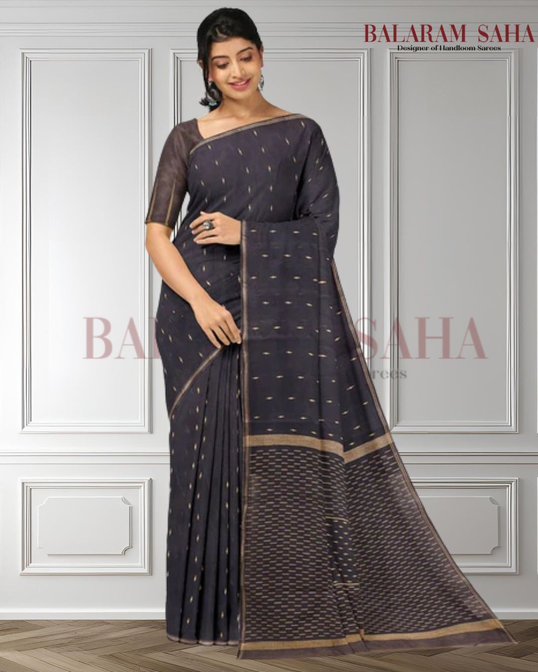 Black Beige Handwoven Jamdani Saree by Balaram Saha - (dhakai jamdani saree, jamdani saree, jamdani sarees, cotton jamdani saree, jamdani cotton saree, handloom cotton saree, balaram saha online, jamdani saree online, soft jamdani saree, muslin jamdani saree, original dhakai jamdani saree, jamdani sarees, soft dhakai jamdani saree, white jamdani saree, jamdani saree bangladesh )
