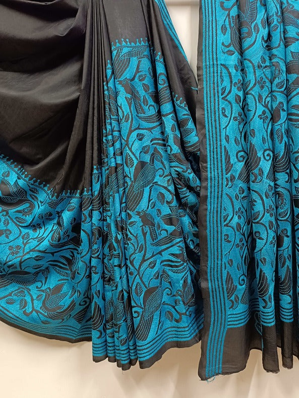 Black & Blue Handstitched Kantha Silk Saree with Intricate Nakshi by Balaram Saha - (handloom saree, silk saree, handloom silk saree, balaram saha online, silk sarees, silk handloom saree, bengal handloom sarees, pure silk, silk saree online, Kantha silk saree, Kantha silk)   https://www.gov.uk/