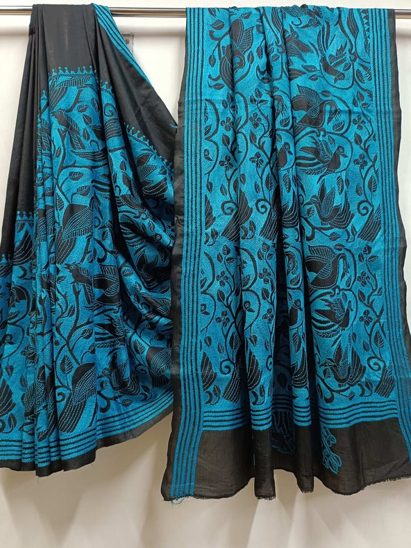 Black & Blue Handstitched Kantha Silk Saree with Intricate Nakshi by Balaram Saha - (handloom saree, silk saree, handloom silk saree, balaram saha online, silk sarees, silk handloom saree, bengal handloom sarees, pure silk, silk saree online, Kantha silk saree, Kantha silk)    https://www.fandom.com/