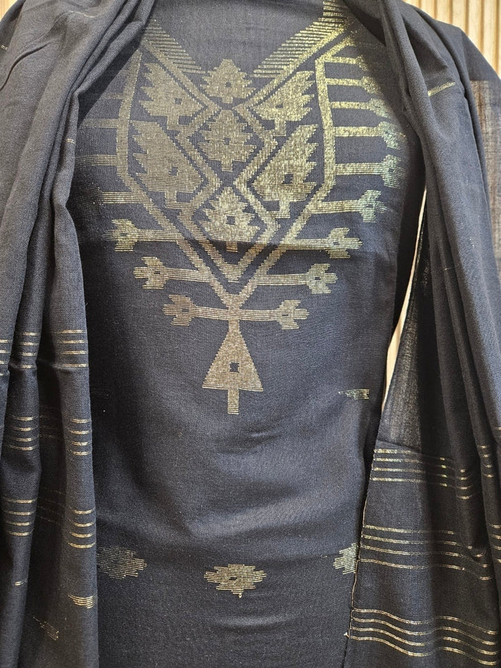 Black & Gold Handloom Handwoven Jamdani 3Piece Kurta set Balaram Saha