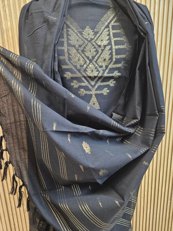 Black & Gold Handloom Handwoven Jamdani 3Piece Kurta set Balaram Saha
