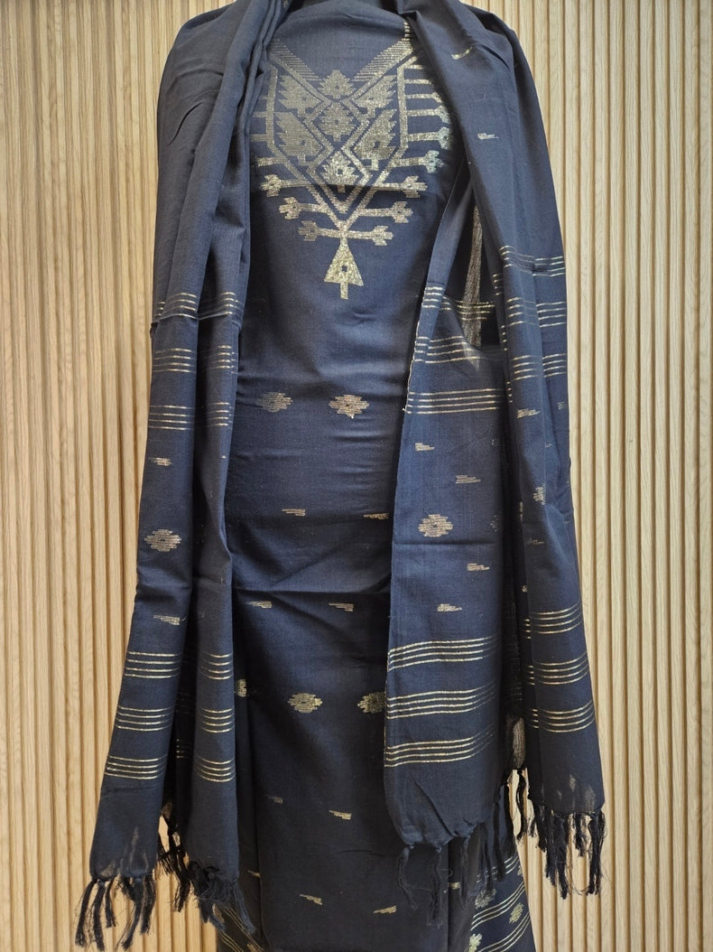 Black & Gold Handloom Handwoven Jamdani 3Piece Kurta set Balaram Saha