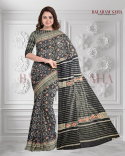 Black Handloom Ghichha Tussar Printed Silk Saree by Balaram Saha - (handloom saree, silk saree, handloom silk saree, balaram saha online, silk sarees, silk handloom saree, bengal handloom sarees, pure silk, silk saree online, tussar silk saree, tussar silk, bengali silk saree)
