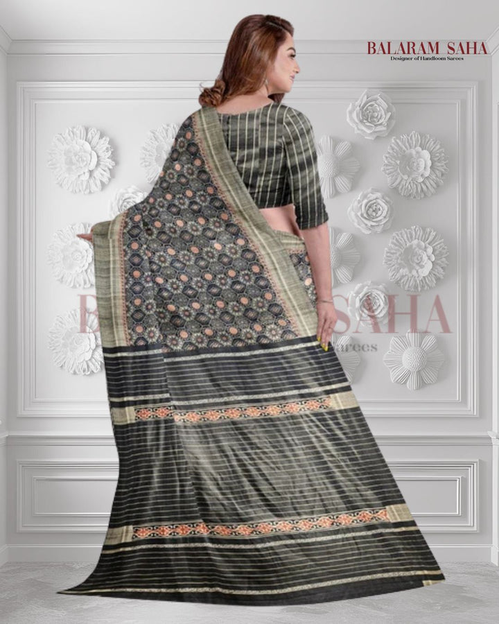 Black Handloom Ghichha Tussar Printed Silk Saree by Balaram Saha - (handloom saree, silk saree, handloom silk saree, balaram saha online, silk sarees, silk handloom saree, bengal handloom sarees, pure silk, silk saree online, tussar silk saree, tussar silk, bengali silk saree)
