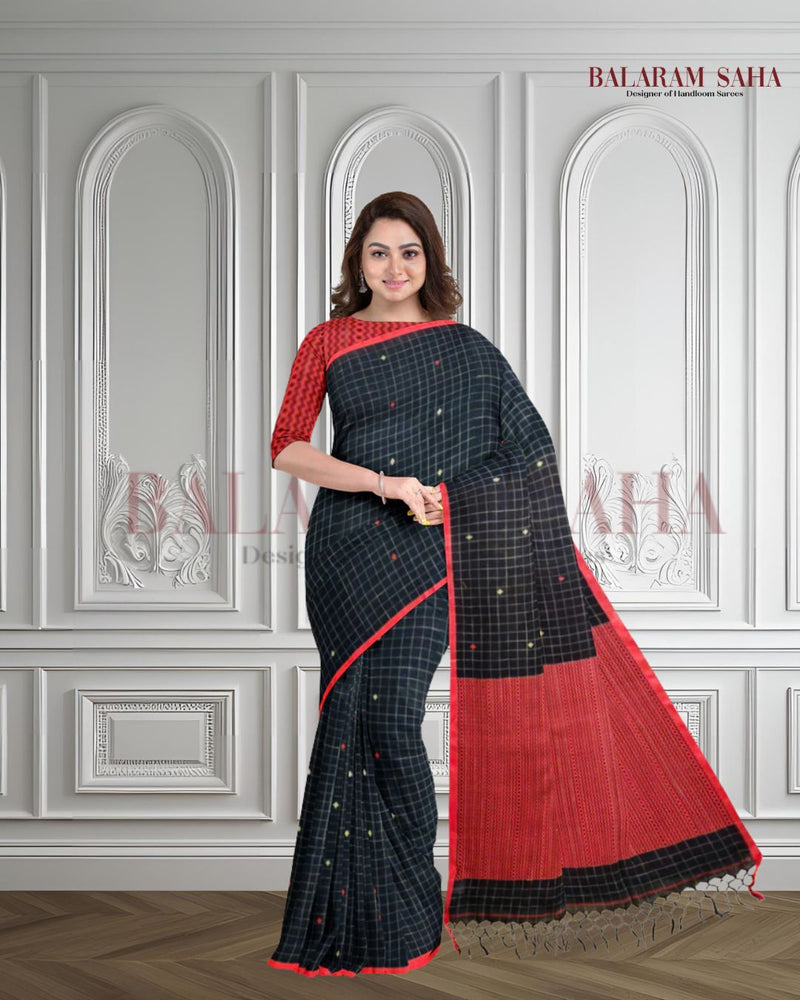Black & Red Premium Handloom Cotton Checks Woven Saree Of Balaram Saha (handloom saree, cotton saree, handloom cotton saree, balaram saha online, handloom sarees, balaram saha handloom saree store photos, balaram saha handloom saree store, cotton handloom saree, bengal handloom sarees, pure cotton, cotton saree for women, cotton saree online)  http://www.slideshare.net/
