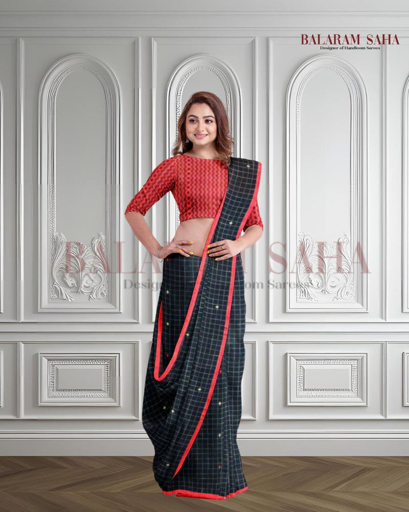 Black & Red Premium Handloom Cotton Checks Woven Saree Of Balaram Saha (handloom saree, cotton saree, handloom cotton saree, balaram saha online, handloom sarees, balaram saha handloom saree store photos, balaram saha handloom saree store, cotton handloom saree, bengal handloom sarees, pure cotton, cotton saree for women, cotton saree online)