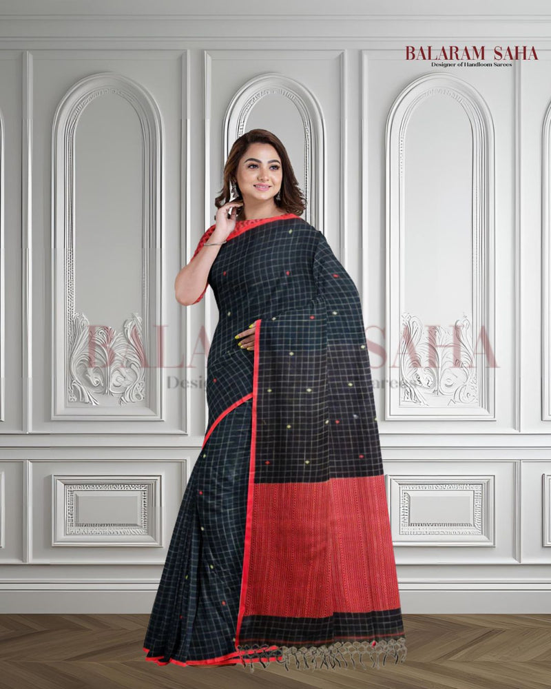 Black & Red Premium Handloom Cotton Checks Woven Saree Of Balaram Saha (handloom saree, cotton saree, handloom cotton saree, balaram saha online, handloom sarees, balaram saha handloom saree store photos, balaram saha handloom saree store, cotton handloom saree, bengal handloom sarees, pure cotton, cotton saree for women, cotton saree online)  http://www.yelp.com/