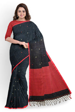 Black & Red Premium Handloom Cotton Checks Woven Saree Of Balaram Saha (handloom saree, cotton saree, handloom cotton saree, balaram saha online, handloom sarees, balaram saha handloom saree store photos, balaram saha handloom saree store, cotton handloom saree, bengal handloom sarees, pure cotton, cotton saree for women, cotton saree online)  http://www.slideshare.net/