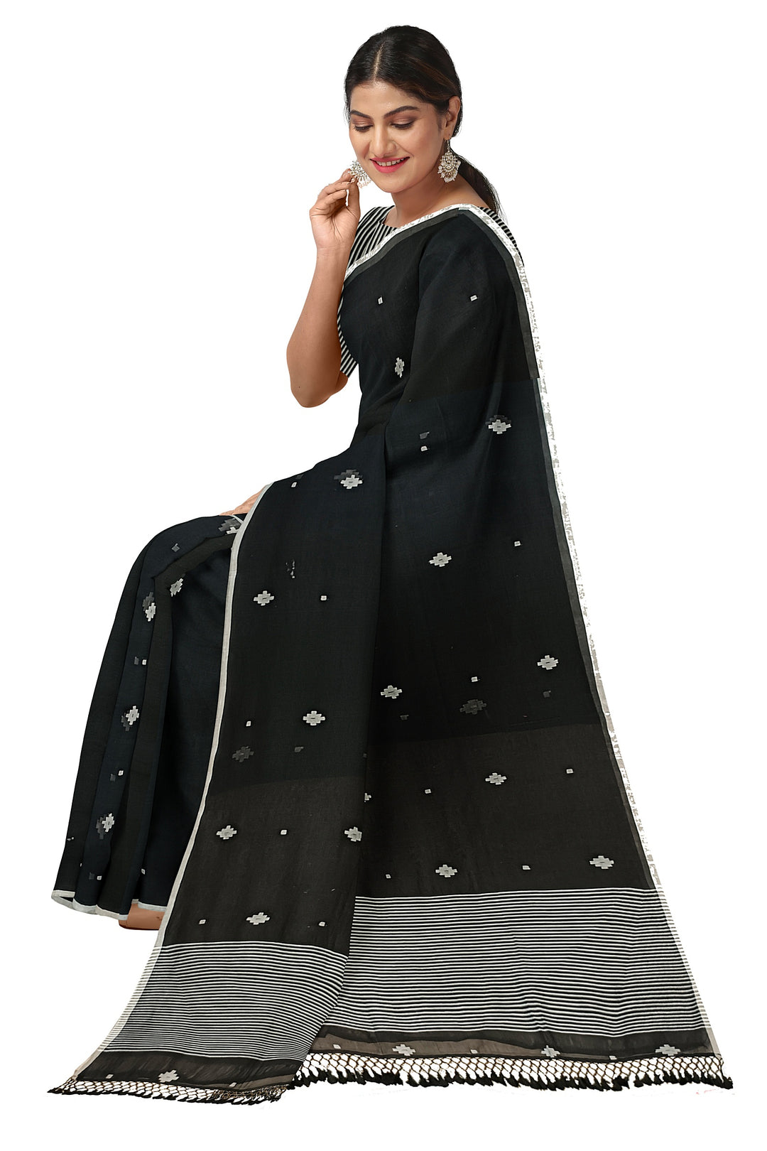 Black on White Soft Handloom Mull Cotton Saree Balaram Saha
