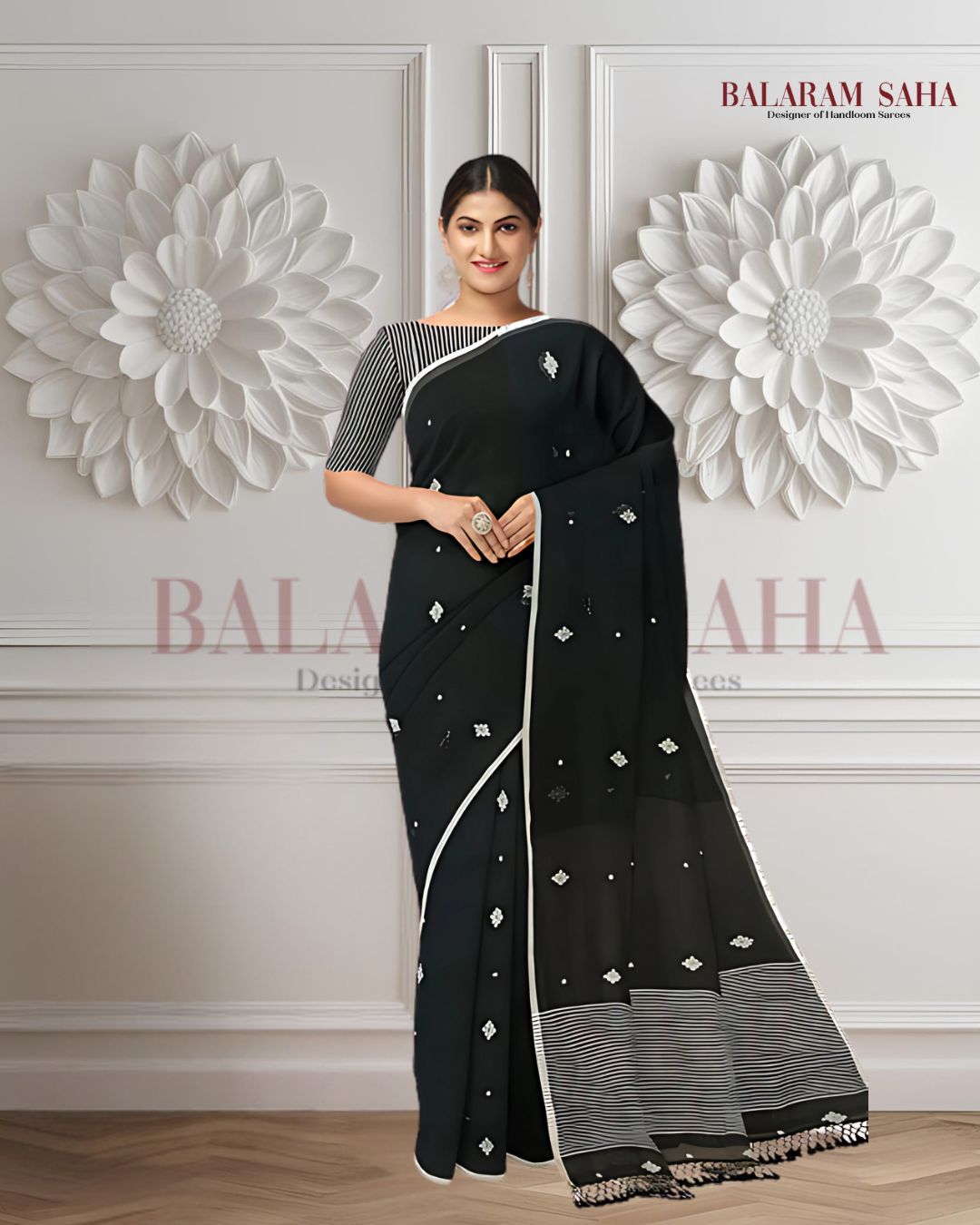 Black on White Soft Handloom Mull Cotton Saree Balaram Saha