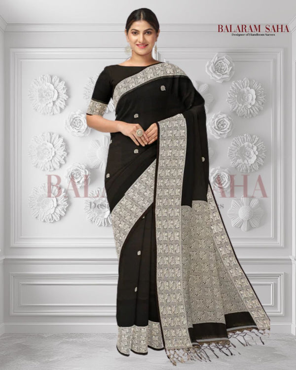 Handloom Cotton Saree by Balaram Saha – Black & White with Woven Border