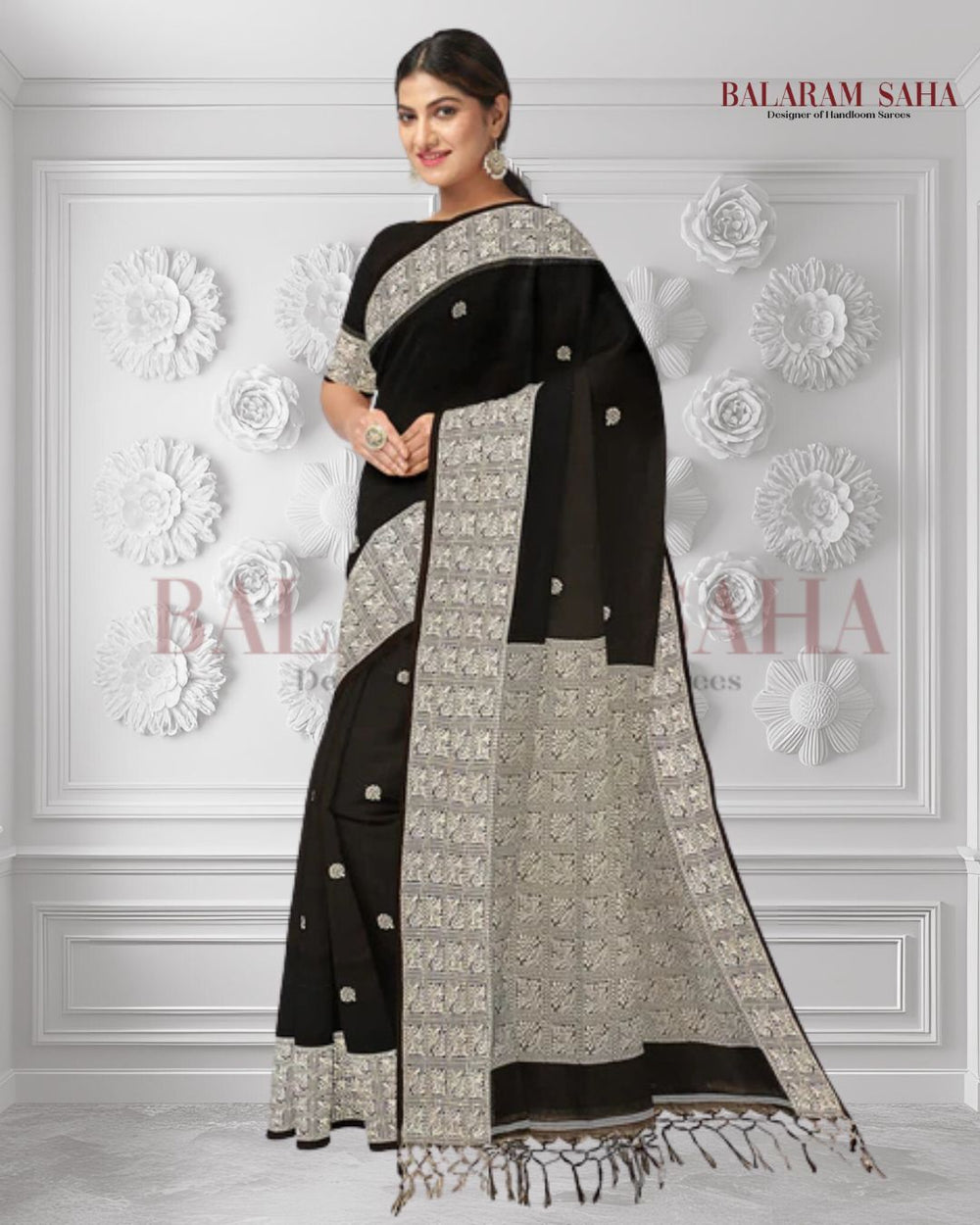 Handloom Cotton Saree by Balaram Saha – Black & White with Woven Border