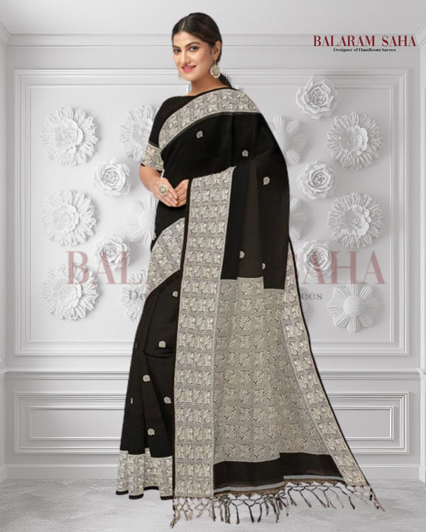 Handloom Cotton Saree by Balaram Saha – Black & White with Woven Border