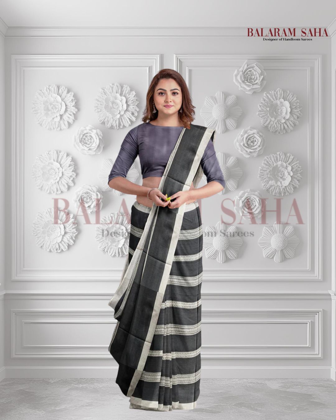 Bold & Beautiful: Balaram Saha's Black & White Soft Handloom Dhonekali Saree (handloom saree, cotton saree, handloom cotton saree, balaram saha online, handloom sarees, balaram saha handloom saree store photos, balaram saha handloom saree store, cotton handloom saree, bengal handloom sarees, pure cotton, cotton saree for women, cotton saree online)  https://traveltriangle.com/blog/kolkata/