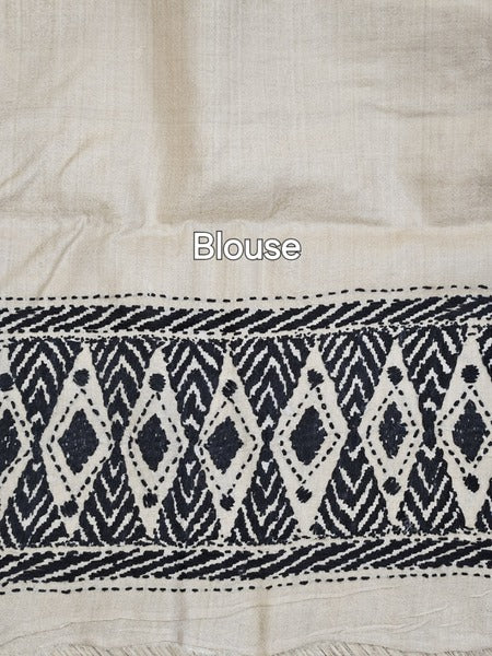 Black & White Tussar Handstitch Kantha Silk Saree (handloom saree, cotton saree, handloom cotton saree, balaram saha online, handloom sarees, balaram saha handloom saree store photos, balaram saha handloom saree store, cotton handloom saree, bengal handloom sarees, pure cotton, Zari border, handloom cotton saree with zari border, soft cotton saree with zari border, cotton saree for women, cotton saree online, tussar silk, tussar)