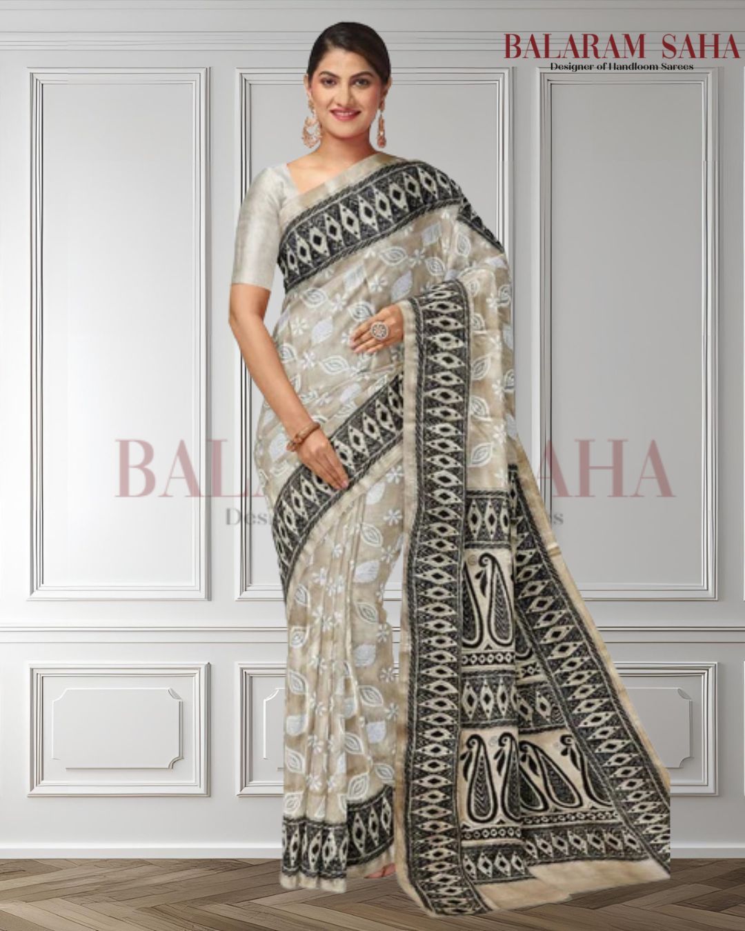 Black & White Tussar Handstitch Kantha Silk Saree (handloom saree, cotton saree, handloom cotton saree, balaram saha online, handloom sarees, balaram saha handloom saree store photos, balaram saha handloom saree store, cotton handloom saree, bengal handloom sarees, pure cotton, Zari border, handloom cotton saree with zari border, soft cotton saree with zari border, cotton saree for women, cotton saree online, tussar silk, tussar)