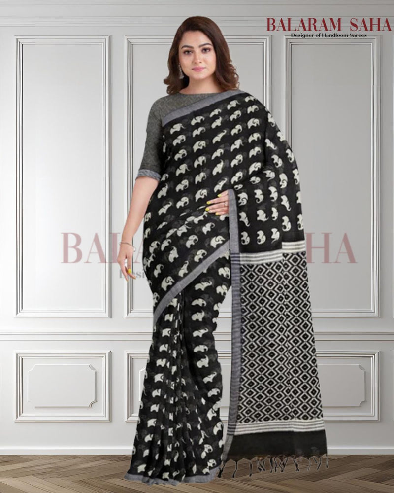 Black & White Premium Handloom Cotton Saree (Elephant Print) - Crafted by Balaram Saha - (handloom saree, cotton saree, handloom cotton saree, balaram saha online, handloom sarees, cotton handloom saree, bengal handloom sarees, pure cotton, cotton saree for women, cotton saree online)   https://www.huffpost.com/