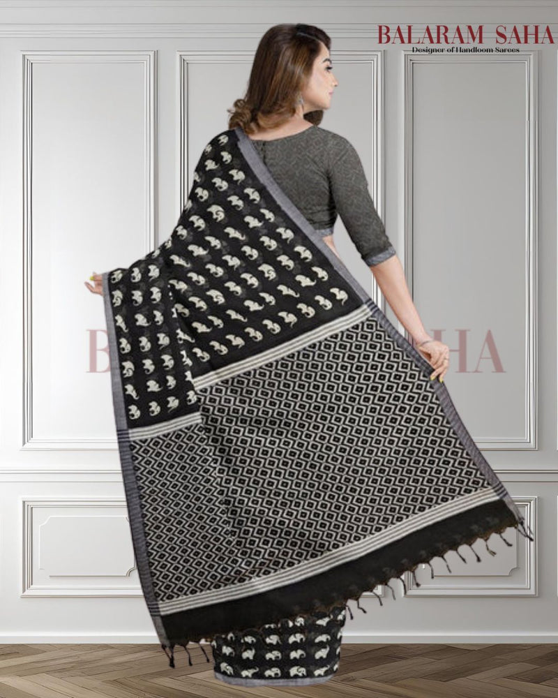 Black & White Premium Handloom Cotton Saree (Elephant Print) - Crafted by Balaram Saha - (handloom saree, cotton saree, handloom cotton saree, balaram saha online, handloom sarees, cotton handloom saree, bengal handloom sarees, pure cotton, cotton saree for women, cotton saree online)   https://www.wiley.com/en-in