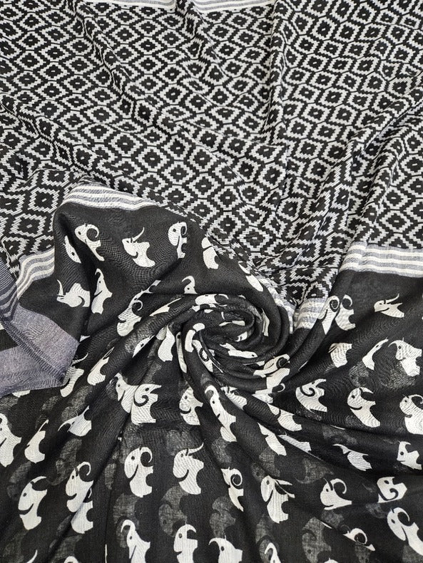 Black & White Premium Handloom Cotton Saree (Elephant Print) - Crafted by Balaram Saha - (handloom saree, cotton saree, handloom cotton saree, balaram saha online, handloom sarees, cotton handloom saree, bengal handloom sarees, pure cotton, cotton saree for women, cotton saree online)