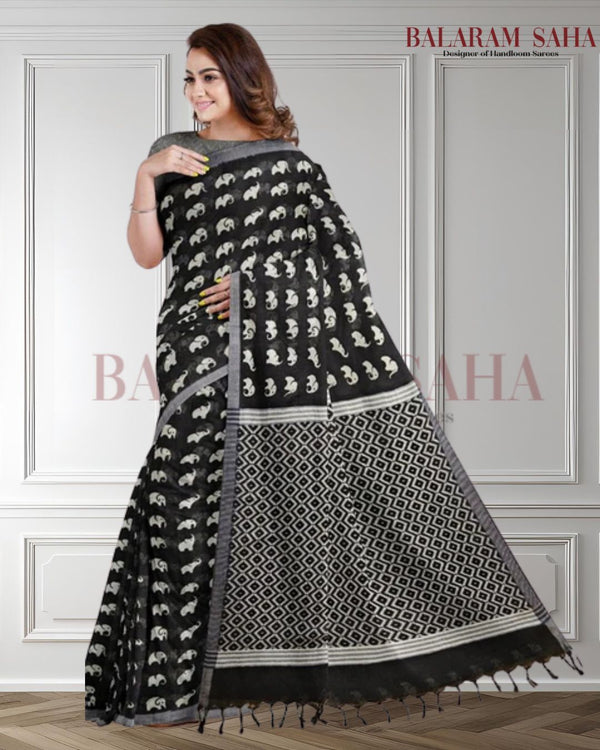 Black & White Premium Handloom Cotton Saree (Elephant Print) - Crafted by Balaram Saha - (handloom saree, cotton saree, handloom cotton saree, balaram saha online, handloom sarees, cotton handloom saree, bengal handloom sarees, pure cotton, cotton saree for women, cotton saree online)   https://in.pinterest.com/