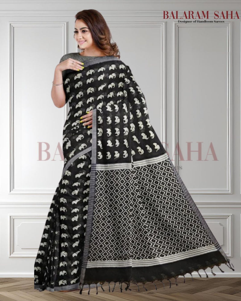 Black & White Premium Handloom Cotton Saree (Elephant Print) - Crafted by Balaram Saha - (handloom saree, cotton saree, handloom cotton saree, balaram saha online, handloom sarees, cotton handloom saree, bengal handloom sarees, pure cotton, cotton saree for women, cotton saree online)   https://in.pinterest.com/