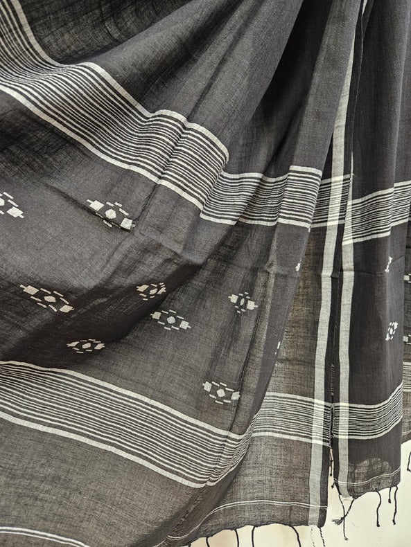 Black White Handspun Handwoven Cotton Jamdani Dupatta Balaram Saha   https://www.rakuten.co.jp/