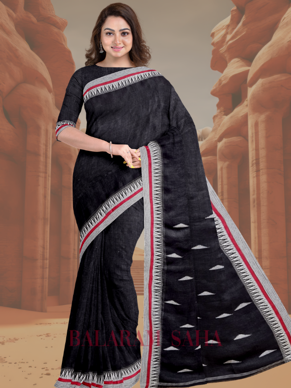 Black & White Premium Handloom Linen Saree With Woven Border Balaram Saha