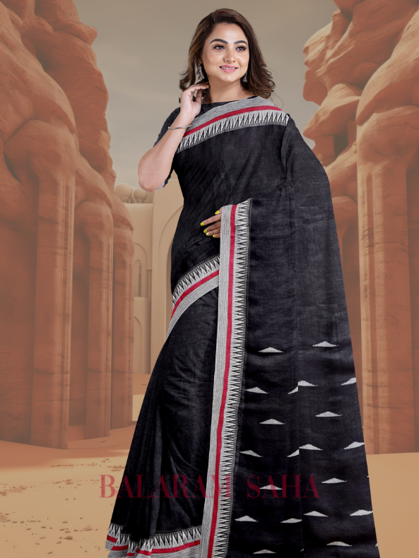 Black & White Premium Handloom Linen Saree With Woven Border Balaram Saha