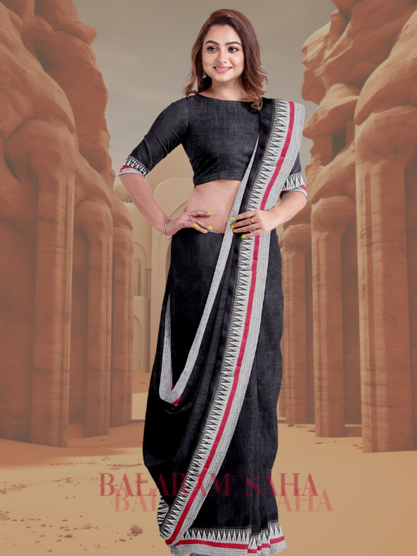 Black & White Premium Handloom Linen Saree With Woven Border Balaram Saha