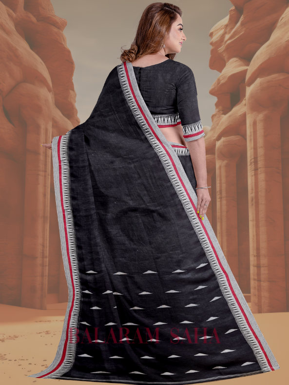 Black & White Premium Handloom Linen Saree With Woven Border Balaram Saha