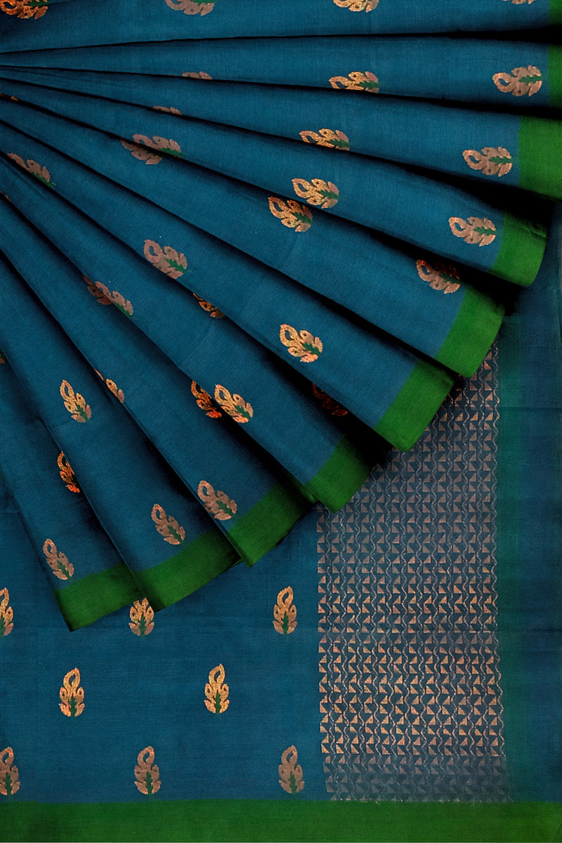 Bright Blue Soft Handloom Cotton saree With Green Border