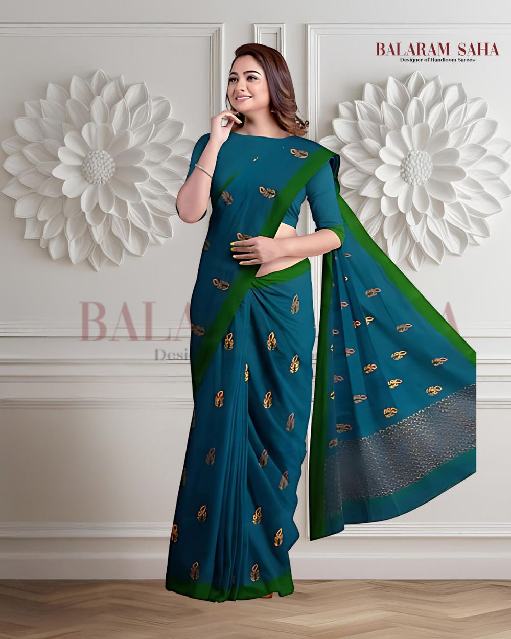 Bright Blue Soft Handloom Cotton saree With Green Border Balaram Saha