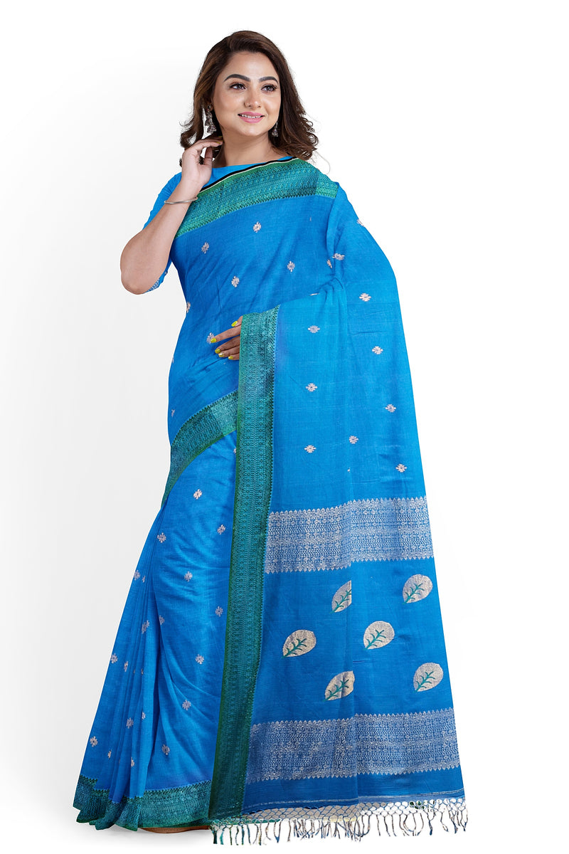 Blue & Green Soft Handloom Fine Cotton Saree With Woven Border Balaram Saha (handloom saree, cotton saree, handloom cotton saree, balaram saha online, pure cotton)  https://moz.com/