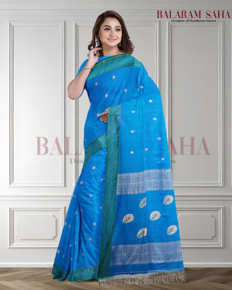 Blue & Green Soft Handloom Fine Cotton Saree With Woven Border Balaram Saha (handloom saree, cotton saree, handloom cotton saree, balaram saha online, pure cotton)  https://moz.com/