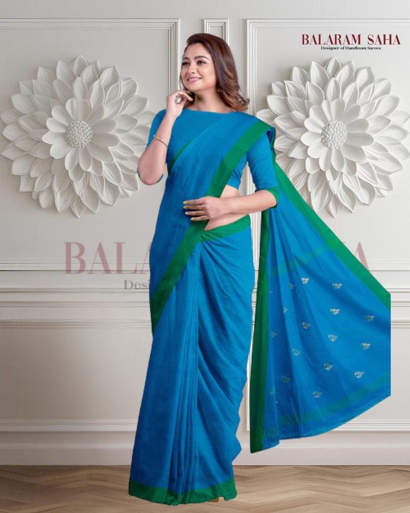 Blue Green Soft Handloom Cotton Saree Balaram Saha