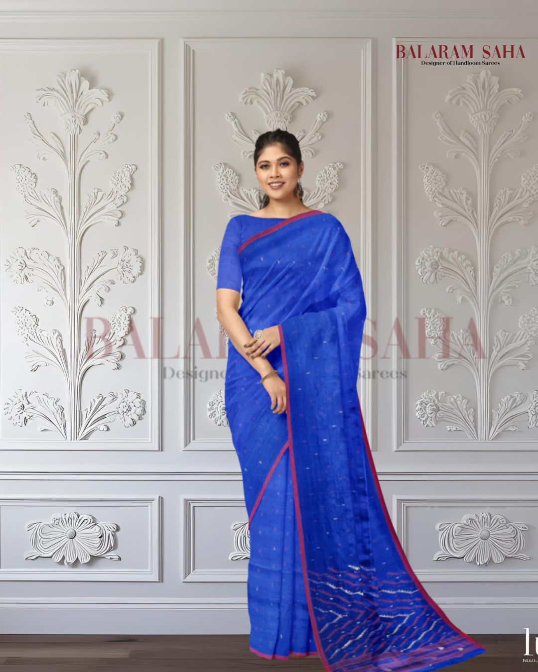 Blue & Red Soft Handloom Handwoven Tussar Silk Jamdani Saree Balaram Saha