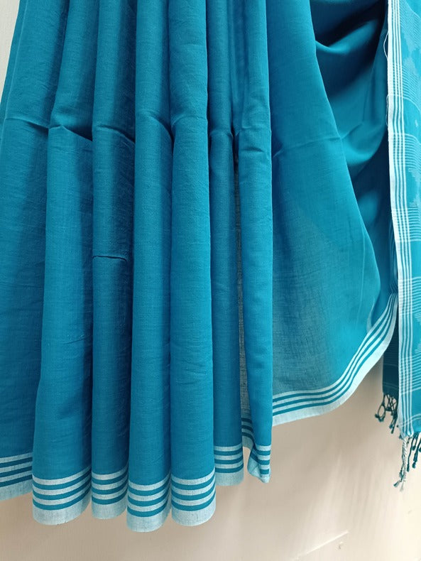 Blue & White Handloom Handspun Cotton Jamdani Saree Balaram Saha