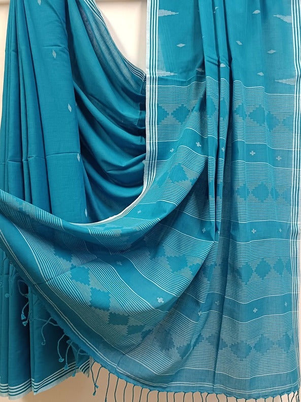 Blue & White Handloom Handspun Cotton Jamdani Saree Balaram Saha