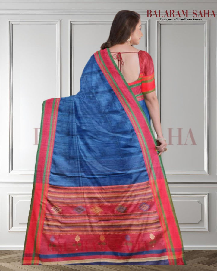 Blue and Red Handloom Matka Silk Saree by Balaram Saha - (handloom saree, cotton saree, handloom cotton saree, balaram saha online, handloom sarees, cotton handloom saree,  matka, matka sale, matka silk, matka silk sarees, matka silk saree, pure matka silk sarees, bengali silk saree)   https://time.com/