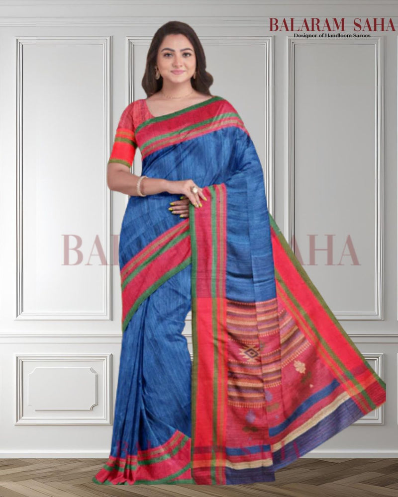 Blue and Red Handloom Matka Silk Saree by Balaram Saha - (handloom saree, cotton saree, handloom cotton saree, balaram saha online, handloom sarees, cotton handloom saree,  matka, matka sale, matka silk, matka silk sarees, matka silk saree, pure matka silk sarees, bengali silk saree)   https://in.pinterest.com/