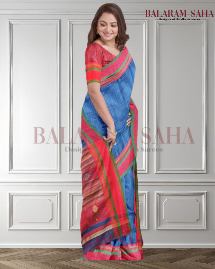 Blue and Red Handloom Matka Silk Saree by Balaram Saha - (handloom saree, cotton saree, handloom cotton saree, balaram saha online, handloom sarees, cotton handloom saree,  matka, matka sale, matka silk, matka silk sarees, matka silk saree, pure matka silk sarees, bengali silk saree)   https://time.com/